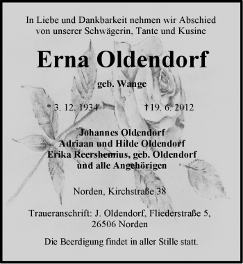 Traueranzeige von Erna Oldendorf von Ostfriesischer Kurier GmbH