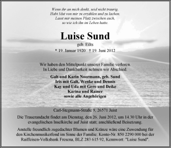 Traueranzeige von Luise Sund von Ostfriesischer Kurier GmbH