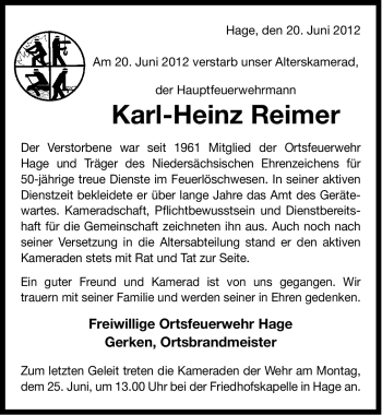 Traueranzeige von Karl-Heinz Reimer von Ostfriesischer Kurier GmbH