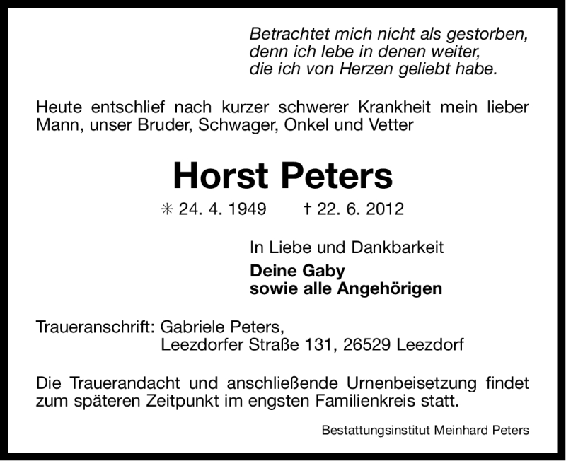  Traueranzeige für Horst Peters vom 23.06.2012 aus Ostfriesischer Kurier GmbH