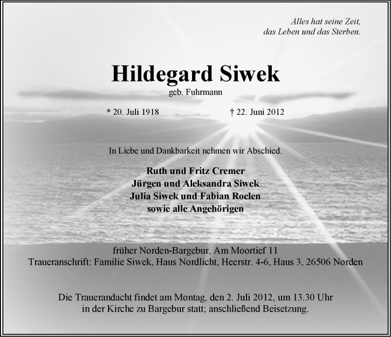  Traueranzeige für Hildegard Siwek vom 26.06.2012 aus Ostfriesischer Kurier GmbH