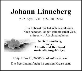 Traueranzeige von Johann Linneberg von Ostfriesischer Kurier GmbH