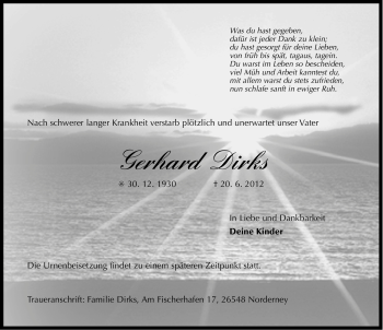 Traueranzeige von Gerhard Dirks von Ostfriesischer Kurier GmbH