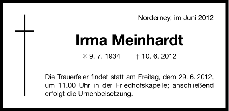  Traueranzeige für Irma Meinhardt vom 26.06.2012 aus Ostfriesischer Kurier GmbH