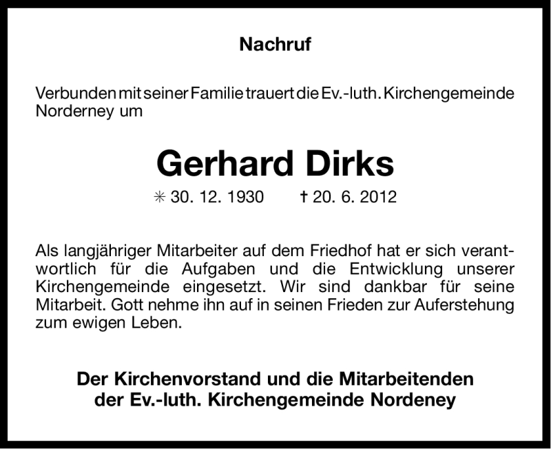  Traueranzeige für Gerhard Dirks vom 27.06.2012 aus Ostfriesischer Kurier GmbH