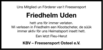 Traueranzeige von Friedhelm Uden von Ostfriesischer Kurier GmbH