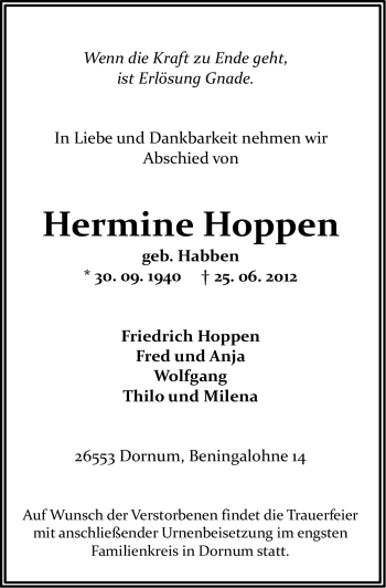 Traueranzeige von Hermine Hoppen von Ostfriesischer Kurier GmbH