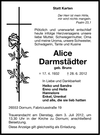 Traueranzeige von Alice Darmstädter von Ostfriesischer Kurier GmbH