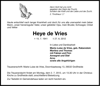 Traueranzeige von Heye de Vries von Ostfriesischer Kurier GmbH