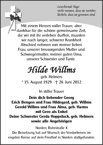 Traueranzeige von Hilde Willms von Ostfriesischer Kurier GmbH
