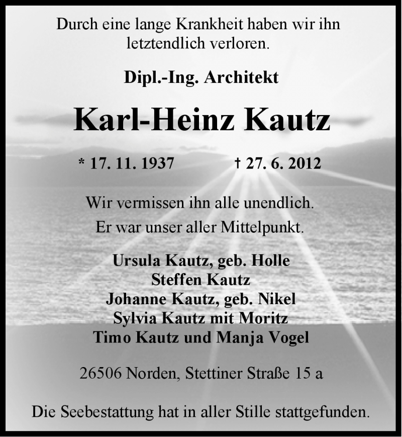  Traueranzeige für Karl-Heinz Kautz vom 07.07.2012 aus Ostfriesischer Kurier GmbH