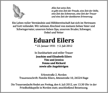 Traueranzeige von Eduard Eilers von Ostfriesischer Kurier GmbH