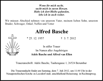 Traueranzeige von Alfred Basche von Ostfriesischer Kurier GmbH