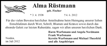 Traueranzeige von Alma Rüstmann von Ostfriesischer Kurier GmbH