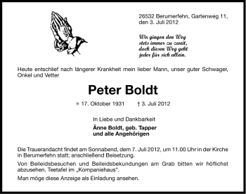 Traueranzeige von Peter Boldt von Ostfriesischer Kurier GmbH