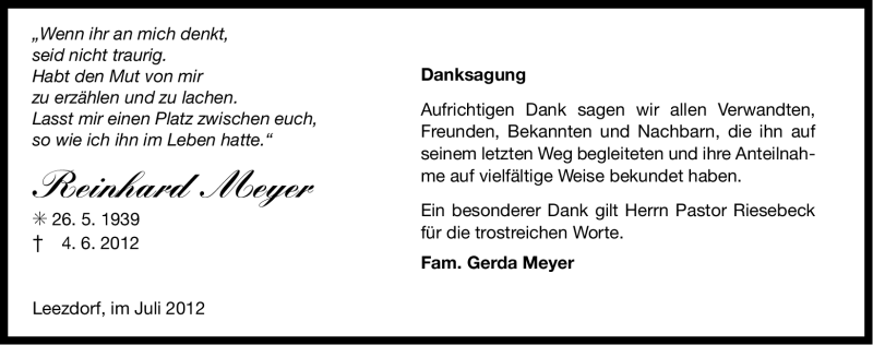  Traueranzeige für Reinhard Meyer vom 07.07.2012 aus Ostfriesischer Kurier GmbH