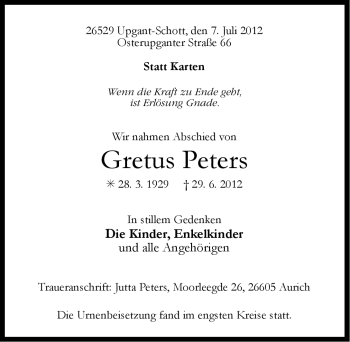 Traueranzeige von Gretus Peters von Ostfriesischer Kurier GmbH
