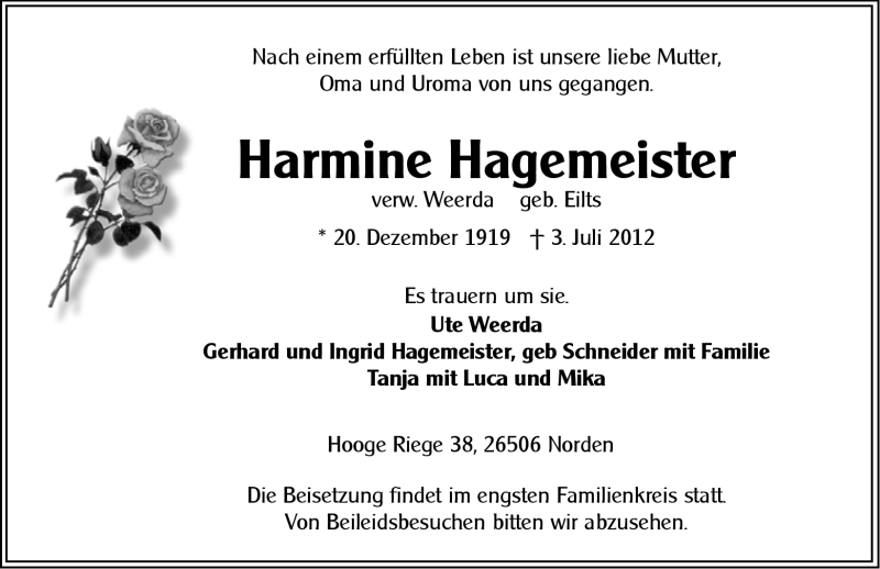  Traueranzeige für Harmine Hagemeister vom 07.07.2012 aus Ostfriesischer Kurier GmbH