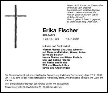 Traueranzeige von Erika Fischer von Ostfriesischer Kurier GmbH