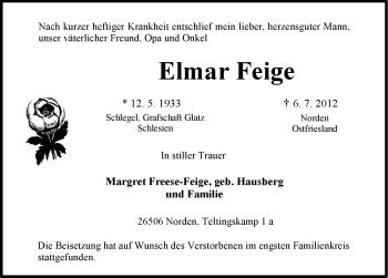 Traueranzeige von Elmar Feige von Ostfriesischer Kurier GmbH
