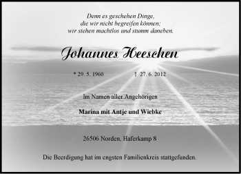Traueranzeige von Johannes Heeschen von Ostfriesischer Kurier GmbH
