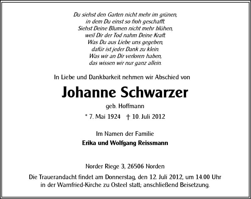  Traueranzeige für Johanne Schwarzer vom 11.07.2012 aus Ostfriesischer Kurier GmbH