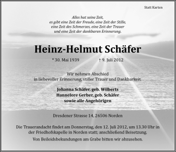 Traueranzeige von Heinz-Helmut Schäfer von Ostfriesischer Kurier GmbH