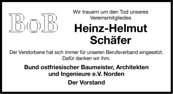 Traueranzeige von Heinz-Helmut Schäfer von Ostfriesischer Kurier GmbH