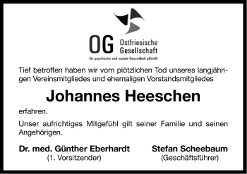 Traueranzeige von Johannes Heeschen von Ostfriesischer Kurier GmbH