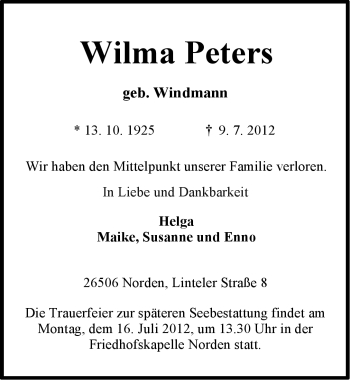 Traueranzeige von Wilma Peters von Ostfriesischer Kurier GmbH