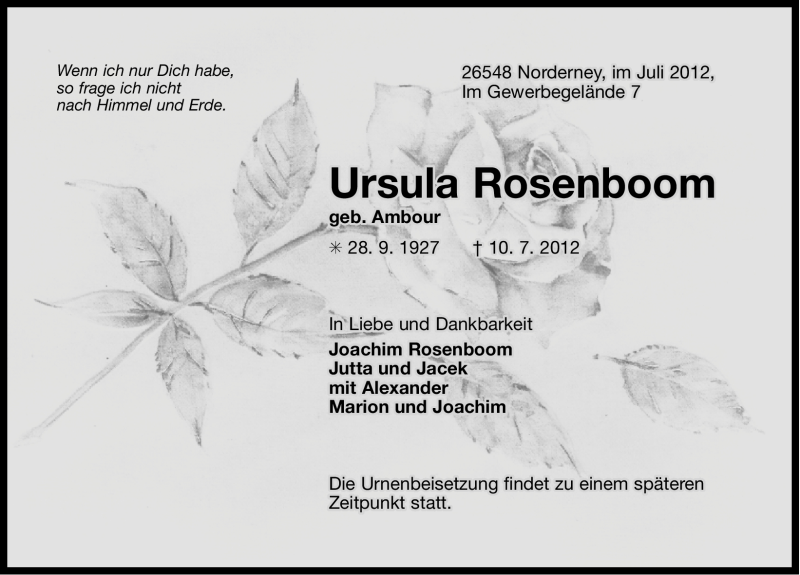  Traueranzeige für Ursula Rosenboom vom 12.07.2012 aus Ostfriesischer Kurier GmbH