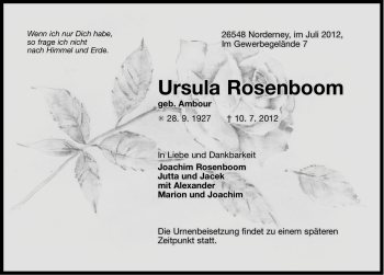 Traueranzeige von Ursula Rosenboom von Ostfriesischer Kurier GmbH