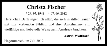 Traueranzeige von Christa Fischer von Ostfriesischer Kurier GmbH