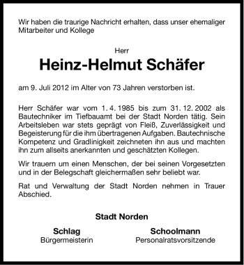 Traueranzeige von Heinz-Helmut Schäfer von Ostfriesischer Kurier GmbH