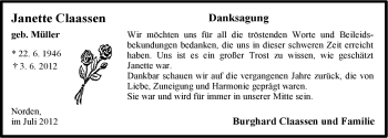 Traueranzeige von Janette Claassen von Ostfriesischer Kurier GmbH