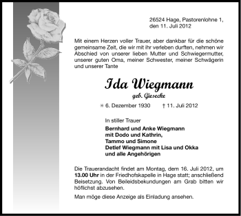 Traueranzeige von Ida Wiegmann von Ostfriesischer Kurier GmbH