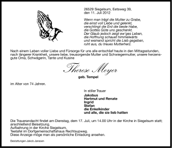 Traueranzeige von Therese Meyer von Ostfriesischer Kurier GmbH