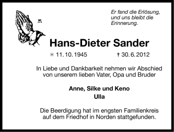 Traueranzeige von Hans-Dieter Sander von Ostfriesischer Kurier GmbH