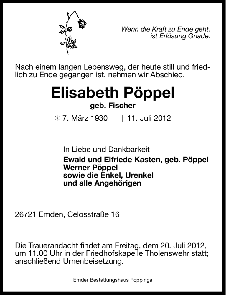  Traueranzeige für Elisabeth Pöppel vom 14.07.2012 aus Ostfriesischer Kurier GmbH