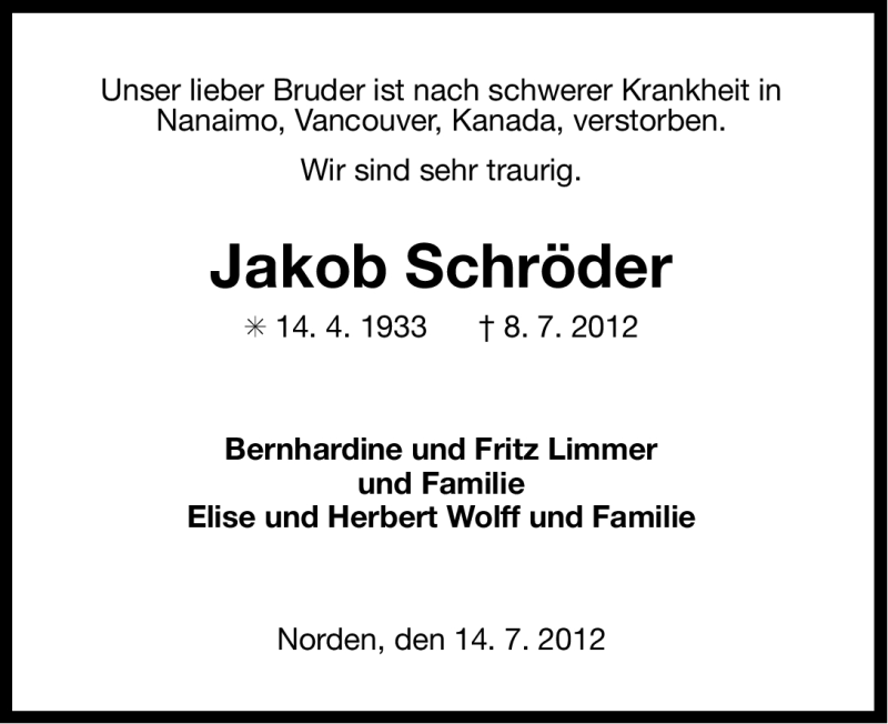  Traueranzeige für Jakob Schröder vom 14.07.2012 aus Ostfriesischer Kurier GmbH