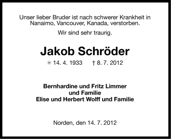 Traueranzeige von Jakob Schröder von Ostfriesischer Kurier GmbH