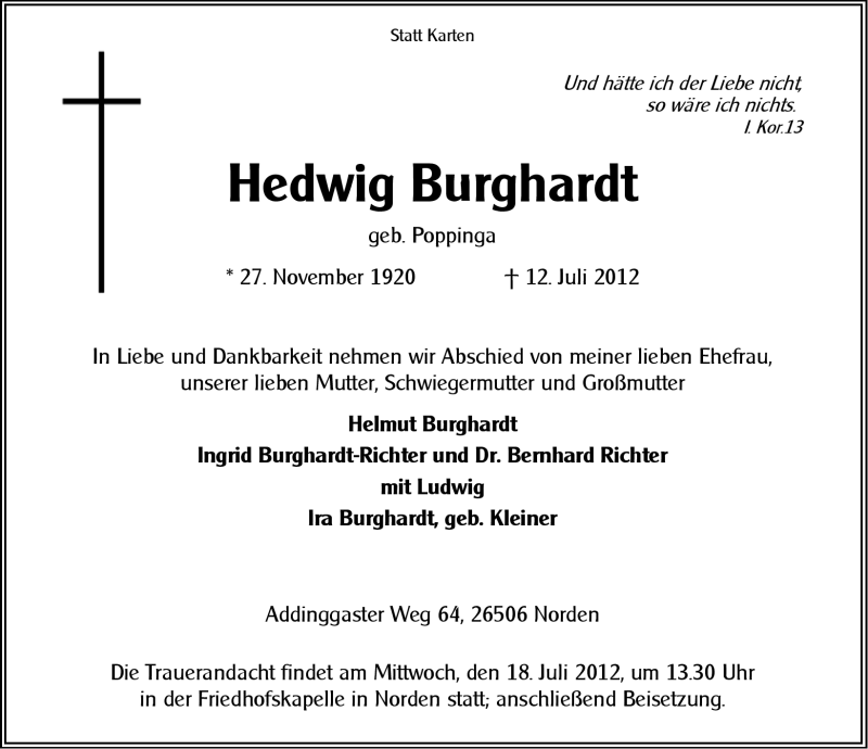  Traueranzeige für Hedwig Burghardt vom 14.07.2012 aus Ostfriesischer Kurier GmbH