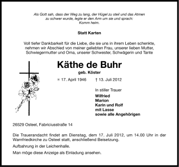 Traueranzeige von Käthe de Buhr von Ostfriesischer Kurier GmbH