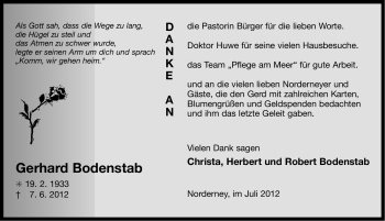 Traueranzeige von Gerhard Bodenstab von Ostfriesischer Kurier GmbH