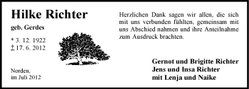 Traueranzeige von Hilke Richter von Ostfriesischer Kurier GmbH