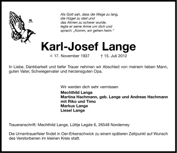 Traueranzeige von Karl-Josef Lange von Ostfriesischer Kurier GmbH