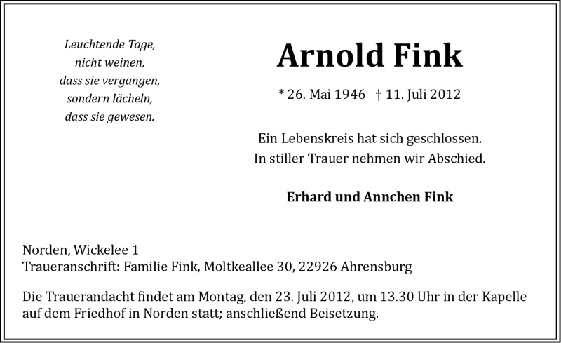  Traueranzeige für Arnold Fink vom 19.07.2012 aus Ostfriesischer Kurier GmbH