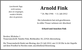 Traueranzeige von Arnold Fink von Ostfriesischer Kurier GmbH
