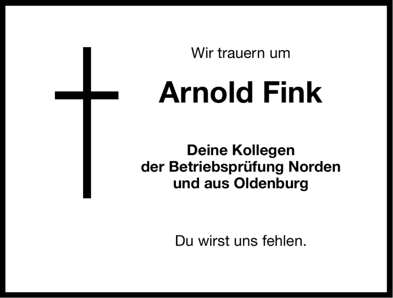  Traueranzeige für Arnold Fink vom 21.07.2012 aus Ostfriesischer Kurier GmbH