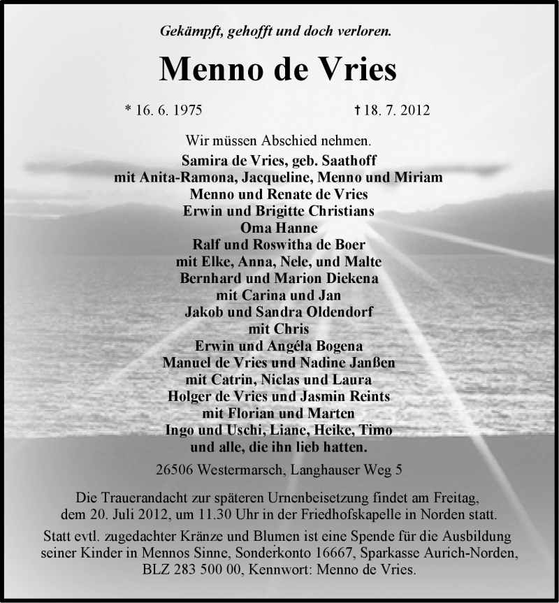  Traueranzeige für Menno de Vries vom 19.07.2012 aus Ostfriesischer Kurier GmbH
